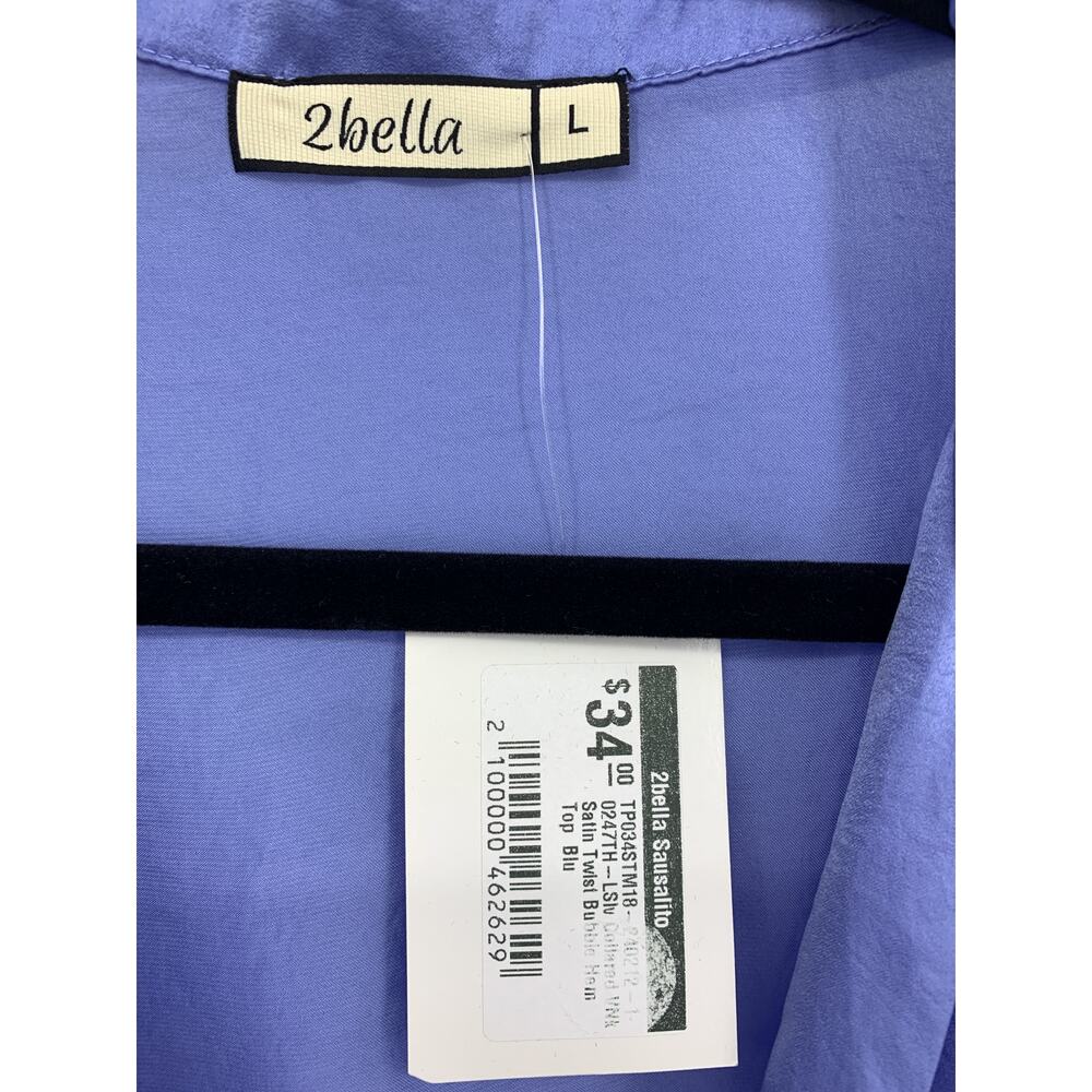 NWT 2Bella Top Womens Large Blue Satin Cropped Long Sleeve Surplice Bubble Hem - Picture 5 of 7